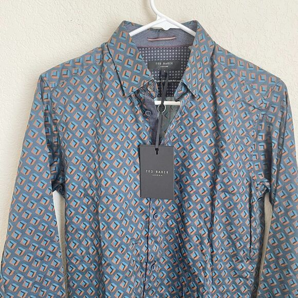 Ted Baker London Mens Long Sleeve Argyle Pattern Button Up Shirt Blue Size 1 - Picture 3 of 11